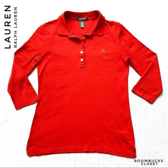 Lauren Ralph Lauren Red Orange 3/4 sleeve Polo Shirt - Picture 7 of 13